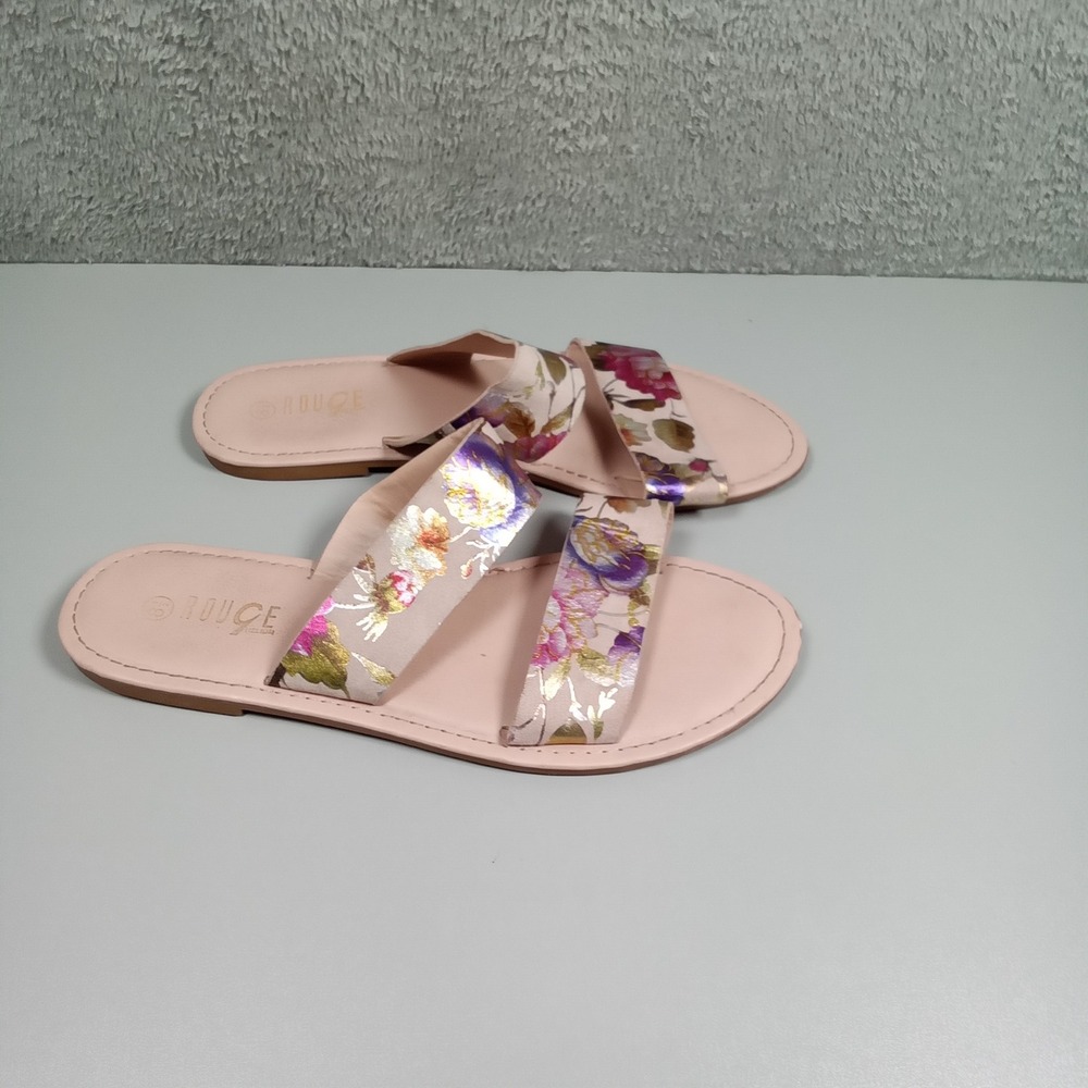 Rouge Helium Womens Metallic Floral Brocade Double‎ Strap Slide Sandals Pink 8.5